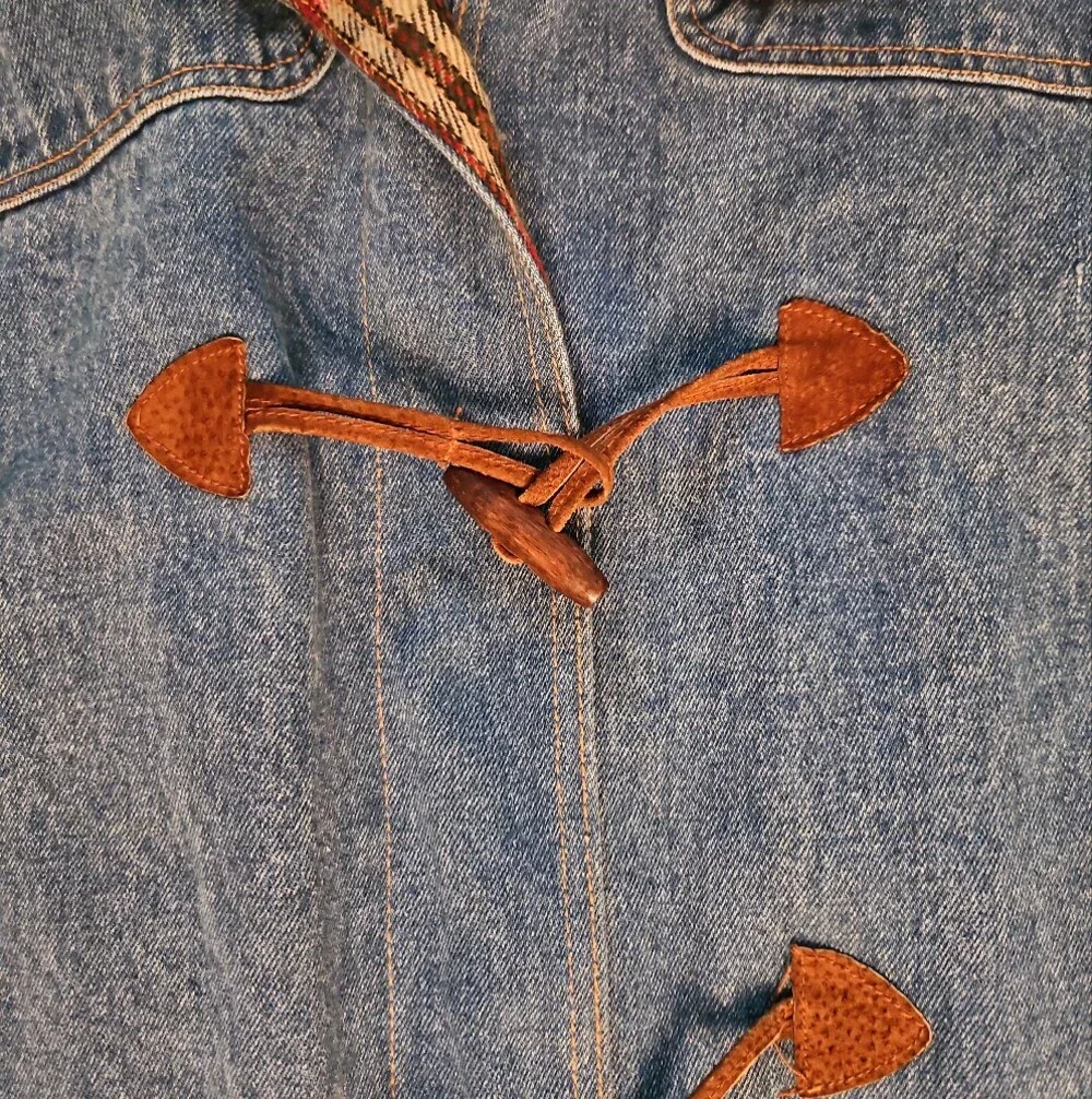 Vintage 90s Denim Duffle Coat Hooded Toggle Jacket Plaid Lined [Forenza]